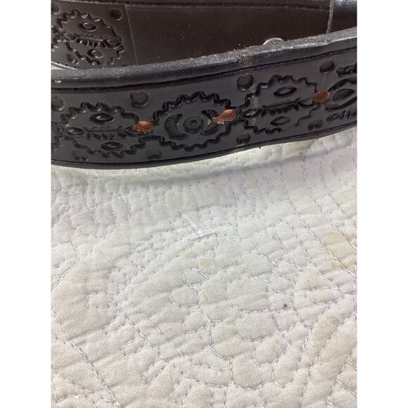 Vintage Black Tooled Leather Money Belt*Silver-Tone Buckle*Western Style Size 36 - Picture 3 of 8